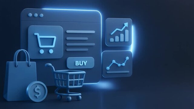 Ecommerce online shopping shopping cart data analytics sales chart buy button 3d render of neon retail payment dashboard
