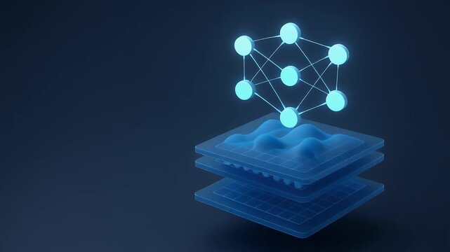 Data visualization network node connection layer grid blueprint, AI neural interface, blockchain database analytics over terrain