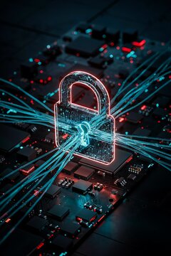 Cyberpunk digital padlock with neon glowing lines on circuit board, symbolizing cybersecurity and data protection.