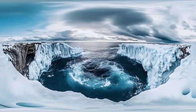 Arctic ice cliff surrounds dramatic ocean vortex, 360 vr panorama.