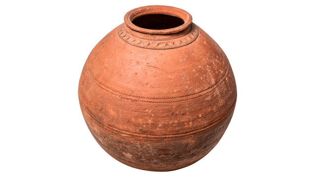Traditional round empty terracotta ceramic clay bowl isolated on a transparent background