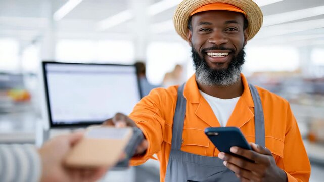 Tracking shot of smiling cashier scanning customer mobile payment at supermarket checkout counter
