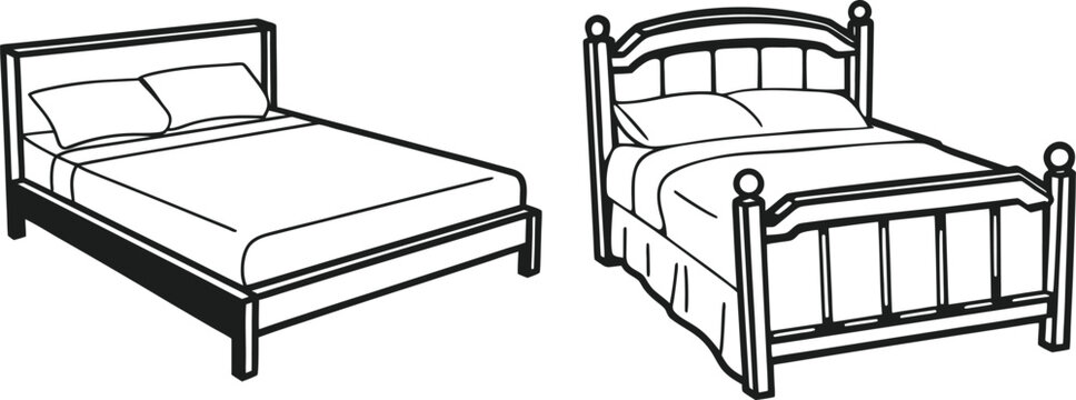 Bed Vector Set &ndash; Modern and Classic Wooden Bed Line Art Furniture Illustration