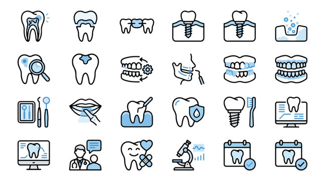 Professional set of blue line icons for cosmetic dentistry, dental health, teeth whitening, veneers, crowns, smile design, dental implants, clinic equipment, modern medical technology, healthcare.