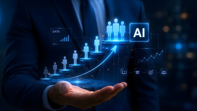 Artificial intelligence business growth graph concept showing businessman holding glowing rising arrow for corporate financial success, digital workforce management, and smart economic strategy