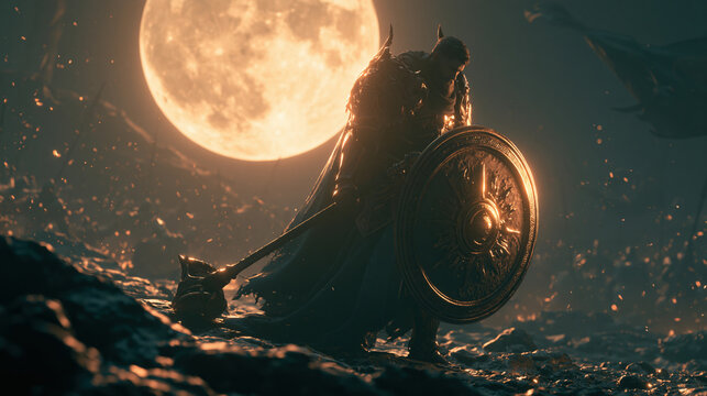 Outdoor adventure explore. A dramatic, atmospheric portrayal of a warrior in a fantasy setting. The warrior, clad in dark armor, stands in a defensive stance, holding a large.