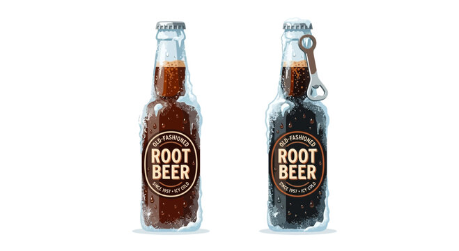 Summer icy root beer bottles with frost and vintage labels