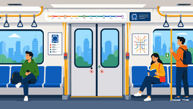 Flat vector illustration of passengers traveling inside a modern metro train. People commuting by subway in an urban transit system, highlighting public transportation and sustainable mobility.