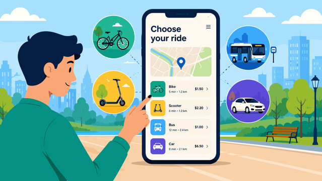 Flat vector illustration of a smart mobility mobile app for selecting transportation options. User choosing bike, scooter, bus or car sharing service for convenient urban travel and commuting.