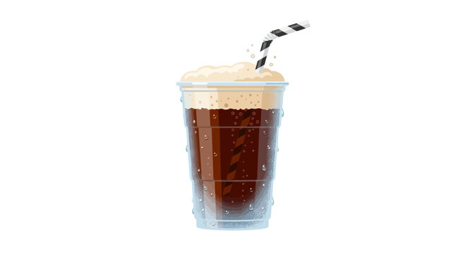 Summer cold cola drink in a plastic cup with a striped straw