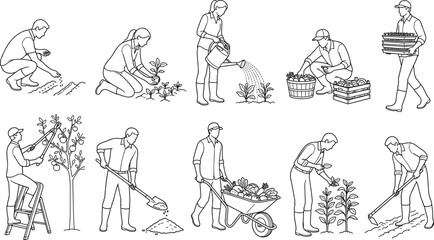 Obraz premium Agriculture and Gardening Workers Line Icons Collection with Planting Harvesting and Farm Maintenance