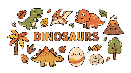 Obraz premium Cute hand drawn dinosaur collection with prehistoric elements and text.