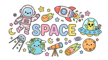 Fototapeta premium Cute hand drawn doodle illustration of outer space elements and astronaut.