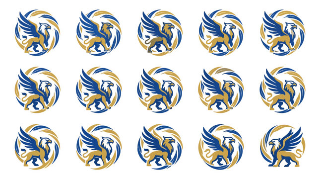 Clean Set of 15 Stylish Griffon Lion Mythical Creatures in Blue and Gold Circular Badges with high quality professional line art symbols for modern creative design and digital branding projects