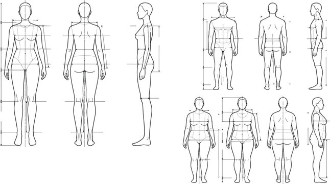Human Body Proportion Measurement Line Drawings with Male and Female Anatomy Reference Figures