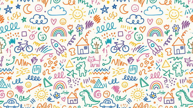 Fun colorful line doodle seamless pattern. Creative minimalist style art background for children or trendy design with basic shapes and simple childish scribble backdrop