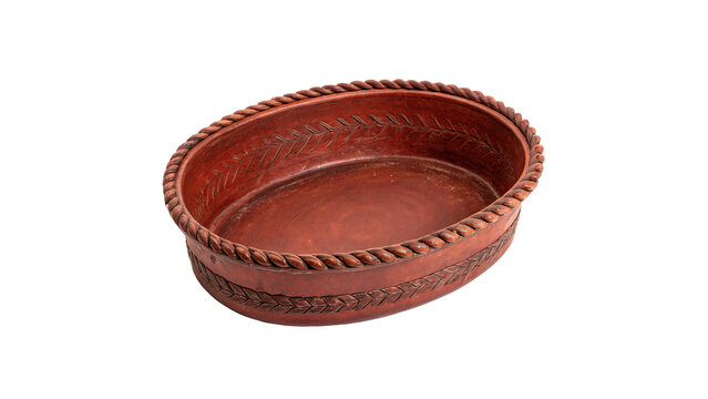 Traditional round empty terracotta ceramic clay bowl isolated on a transparent background