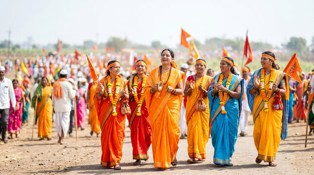 Group of women celebrating Pandharpur Wari festival in colorful attire  