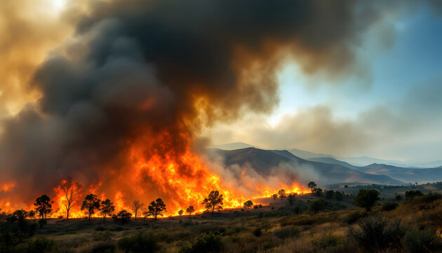 Wildfire Burning Forest on Mountain Hills with Thick Dark Smoke and Flame
