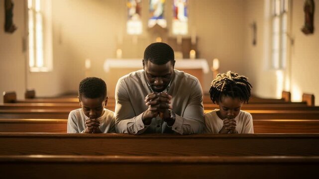 Father and two children sitting quietly in sunlit church pew with heads bowed in prayer