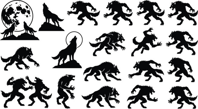 Werewolf shapes howling wolves moon silhouette vector collection with creepy horror night scene graphics