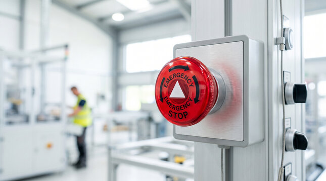Emergency red push button in factory for safety and alarm system  