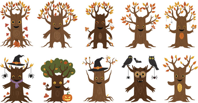 A collection of ten cute cartoon trees with funny faces and autumn leaves for halloween and fall season themed graphic design projects isolated
