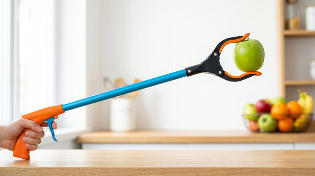 Reaching tool long handle gripper claw holding green apple in kitchen  