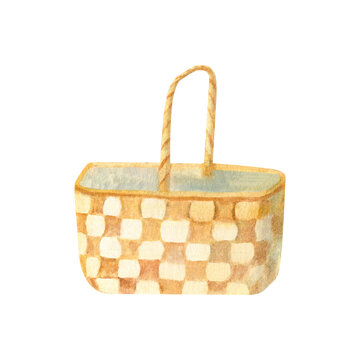 Watercolor illustration of a wicker basket isolated on a white background.
