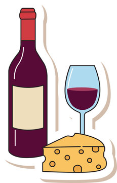 French wine and cheese sticker with gourmet drink and dairy illustration