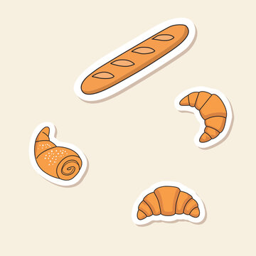 French bakery pastry set sticker with baguette croissants and sweet roll