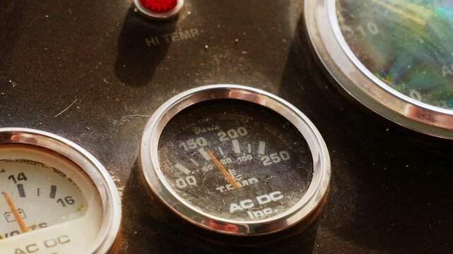Vintage industrial dashboard dashboard gauges indicators round temperature sensor mockup.
