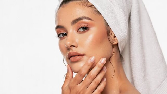 Glowing young woman with fresh dewy skin wrapped in soft white towel skincare beauty portrait
