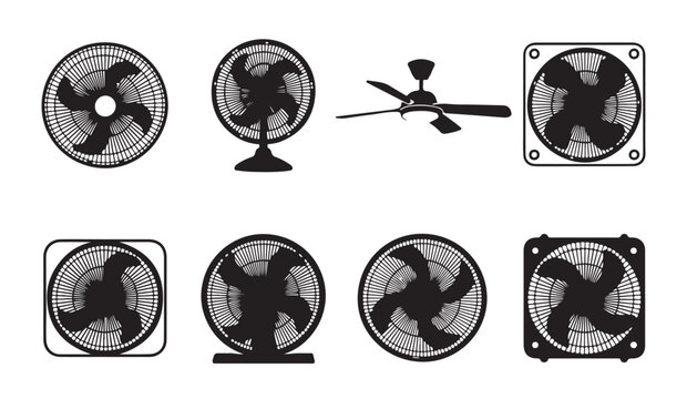 Detailed ventilation fan and ceiling fan icons set with realistic grille and blade shapes.