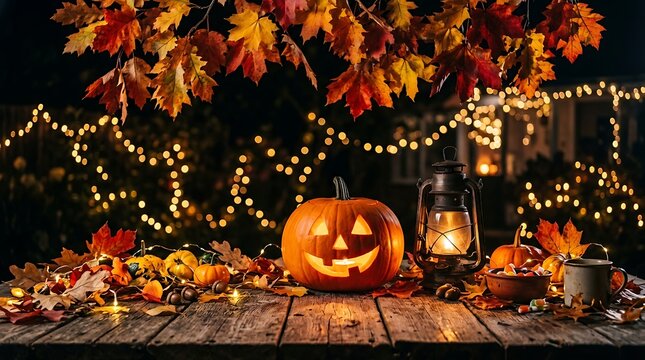 Festive halloween pumpkin and lantern on a rustic table