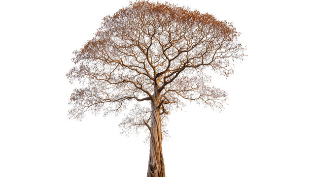 Isolated large tree with dry brown leaves and intricate bare branches, autumn nature beauty