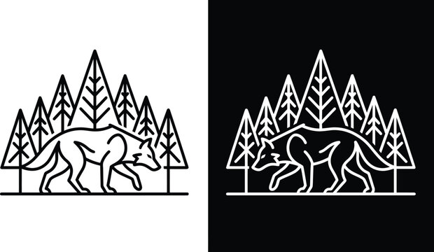 Wolf walking in the forest, linear vector illustration
