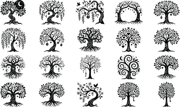Set of magical, mystical, and ornamental tree silhouettes with various symbols