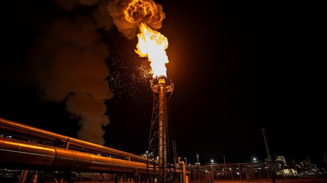 Towering industrial flare stack blazing brightly at night with glowing fire and smoke in energy plant