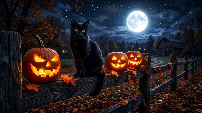 Black cat sitting on wooden fence with jackolanterns at night