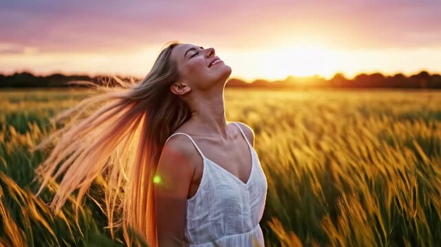Woman stands in golden field at sunset with hands behind her head and smiles