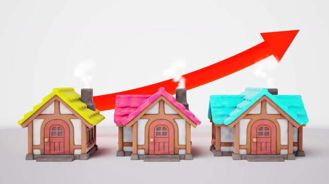 Real Estate Market Growth Concept with Colorful Houses and Red Upward Arrow