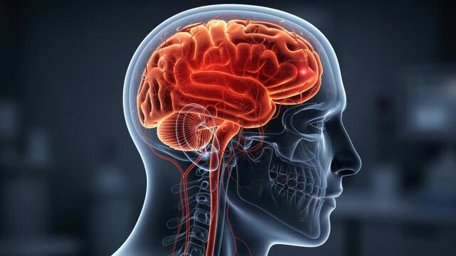 Detailed animation of the human brain inside a translucent skull showing anatomy and brain function