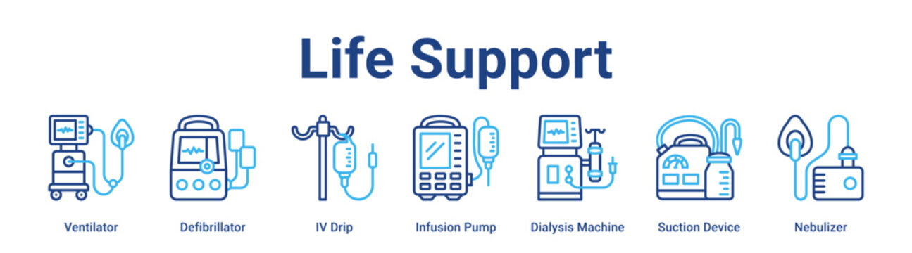 Life Support web banner icon vector illustration concept for business with icon of Ventilator, Defibrillator, IV Drip, Infusion Pump, Dialysis Machine, Suction.