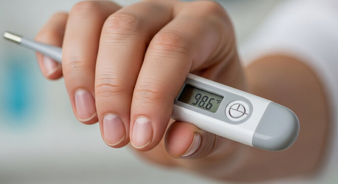 Hand holding digital thermometer showing 98.6 degrees Fahrenheit, normal temperature