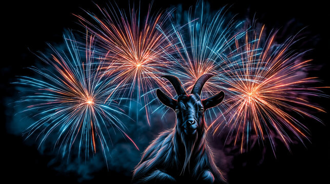 Majestic bighorn sheep head portrait framed by colorful firework explosions with fireworks