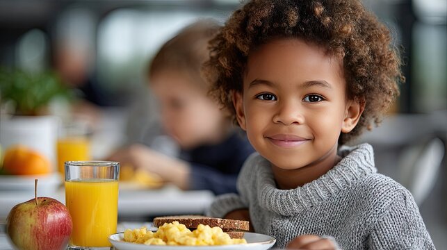 Luxury school breakfast campaign shows diverse children enjoying colorful meals in a bright cafeteria with healthy food on a warm golden morning