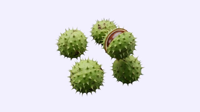 A set of green spiky horse chestnuts floating in mid-air on a solid white background, with one shell cracked open displaying the brown chestnut nut. Great for botanical illustrations, natural medicine