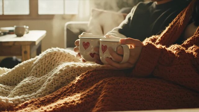 Couple enjoys hot drinks while sitting together on a couch in a cozy room
