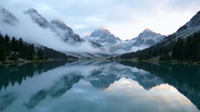 Drone Glides over Alpine Lake Reflecting Misty Mountains Tranquil Nature Scene